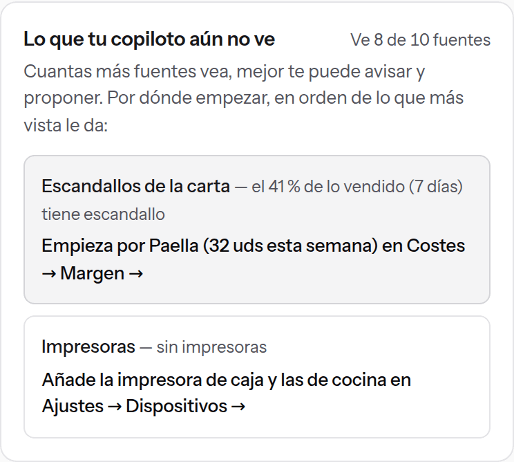 La tarjeta «Lo que tu copiloto aún no ve»: fuentes pendientes con su evidencia y el paso que las enciende