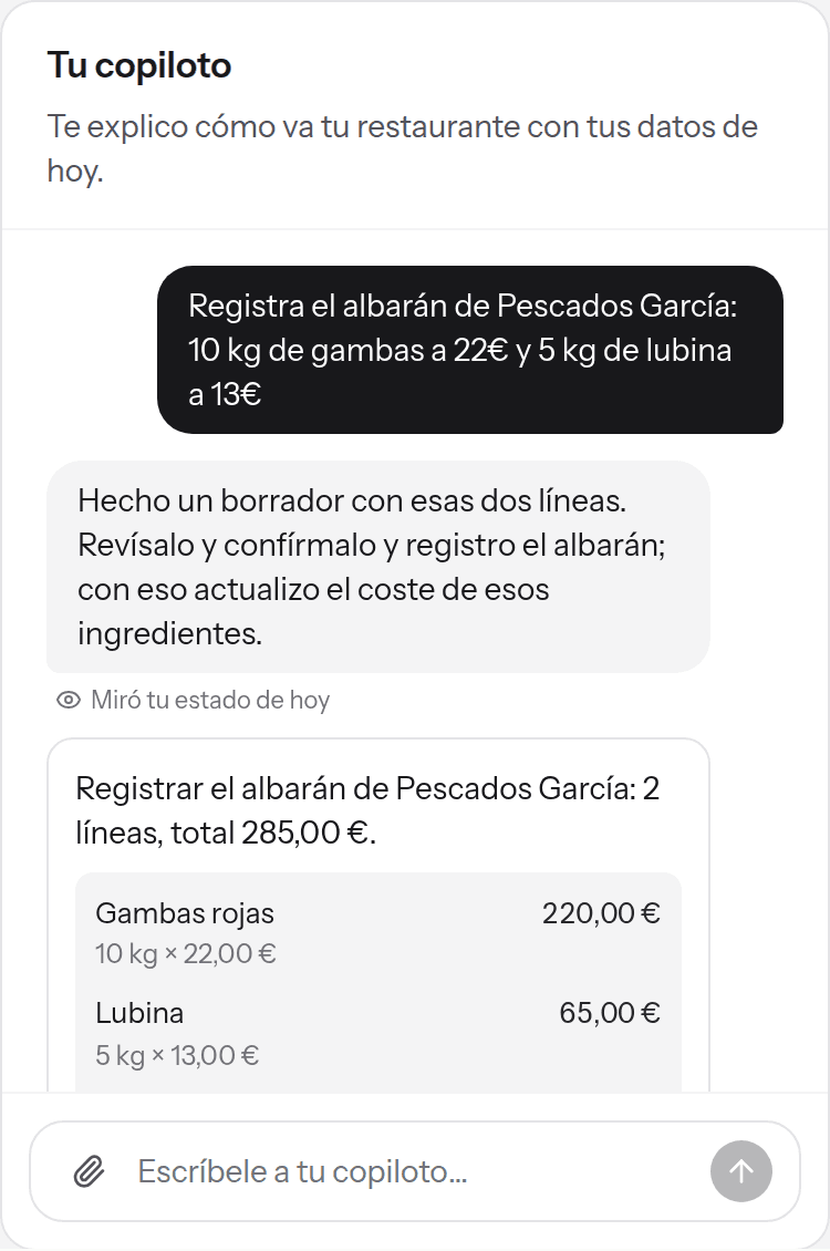 El copiloto convierte un albarán dictado en un borrador con líneas, cantidades y costes para confirmar